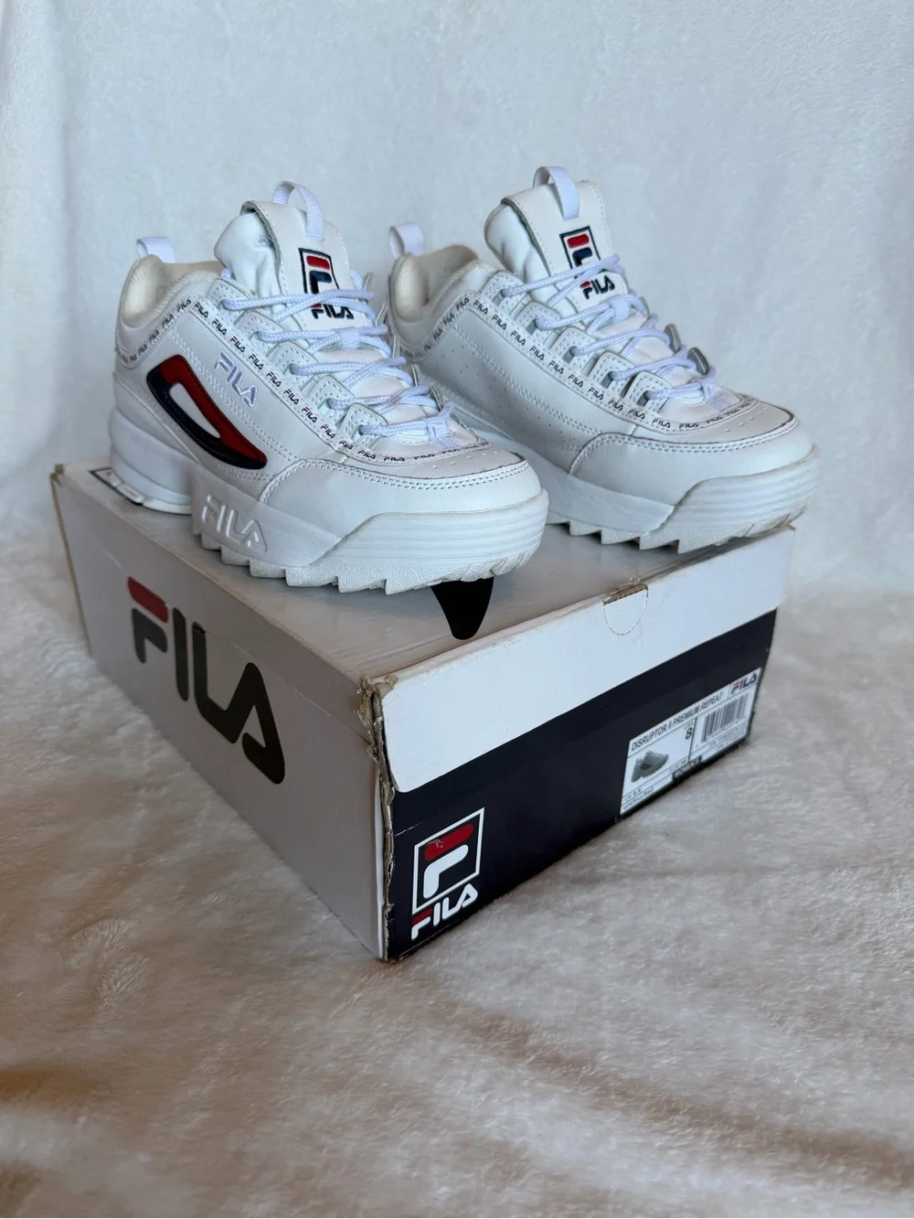 Fila Disruptor II Premium Repeat sneakers in white red navy  size 8